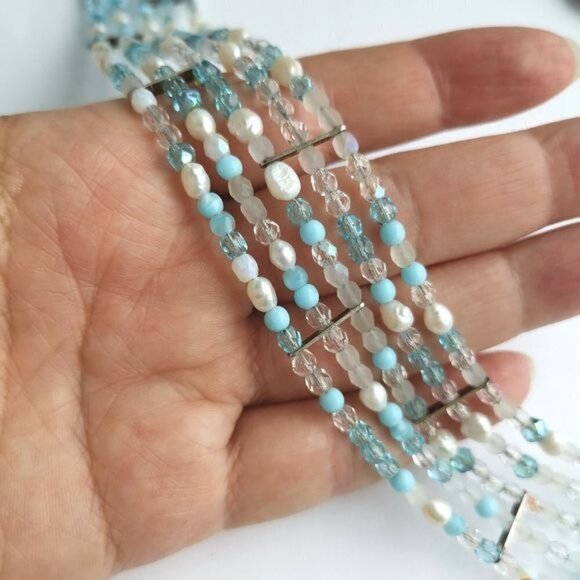 CUSTOM made choker necklace blue crystal white freshwater pearl - Picture 5 of 6